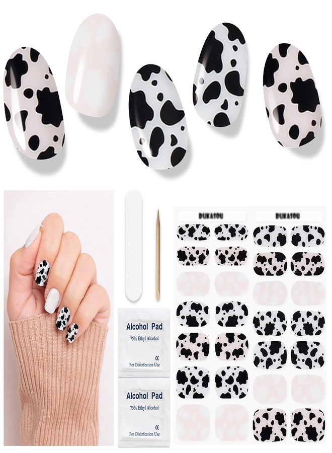DUKASOU Semi Cured Gel Nail Strips (Dairy Cow), 28 pcs Gel Nail Stickers, Work with Any UV Lights, Long-Lasting NailWraps for Women Art DIY Design, Easy to Apply & Remove, Salon-Quality - Image 1